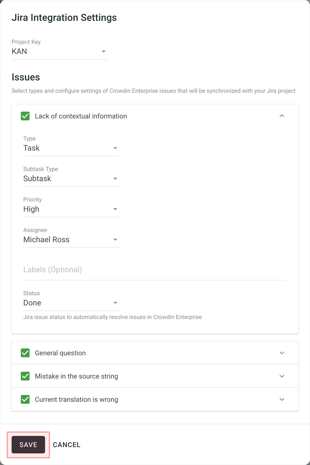 Jira Integration settings